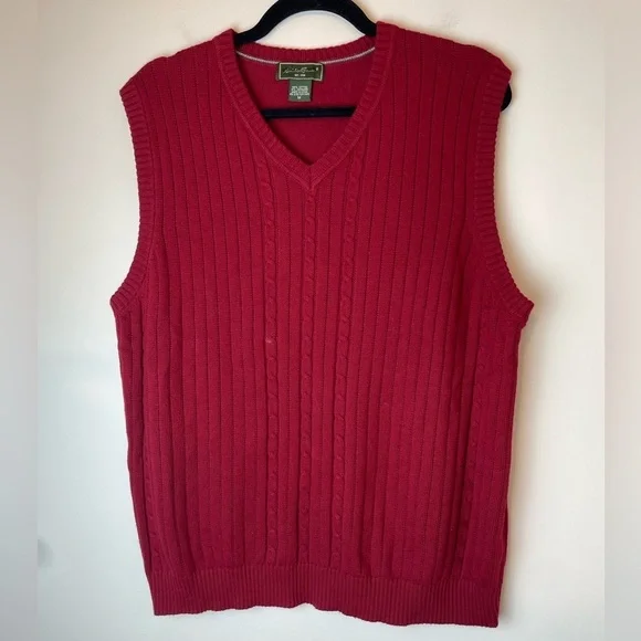 Vintage Eddie Bauer Red Cable Knit Cotton Cashmere V-Neck Sweater Vest Medium - Picture 1 of 7